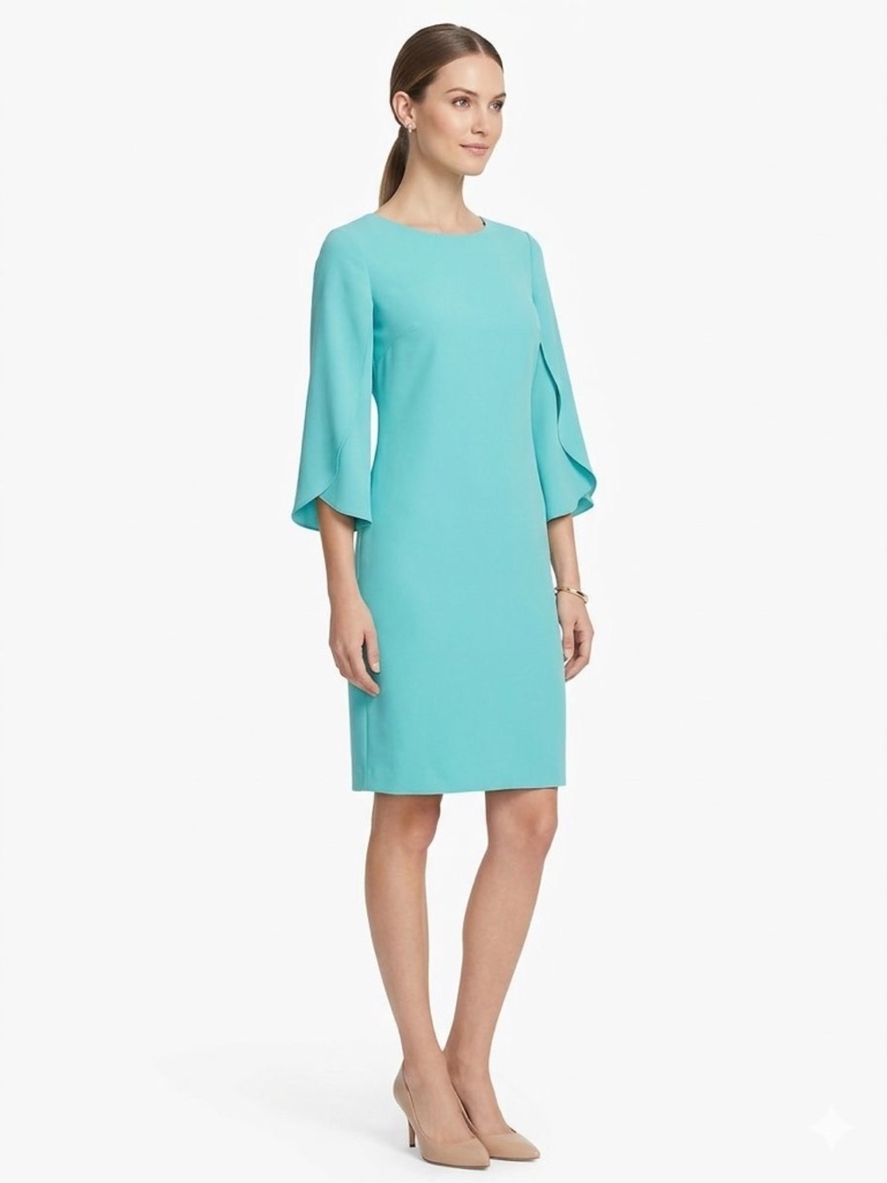 Kut from the Kloth Aqua Midi Sheath Dress with Flounce Sleeves